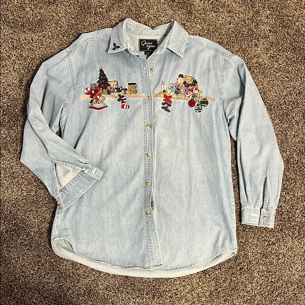 Vintage Denim Shirt with Festive Christmas Embroidery